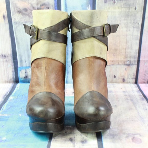 Two Lips Brown Leather Strappy Foldover Flatform Heeled Booties Size 9 - Picture 5 of 10